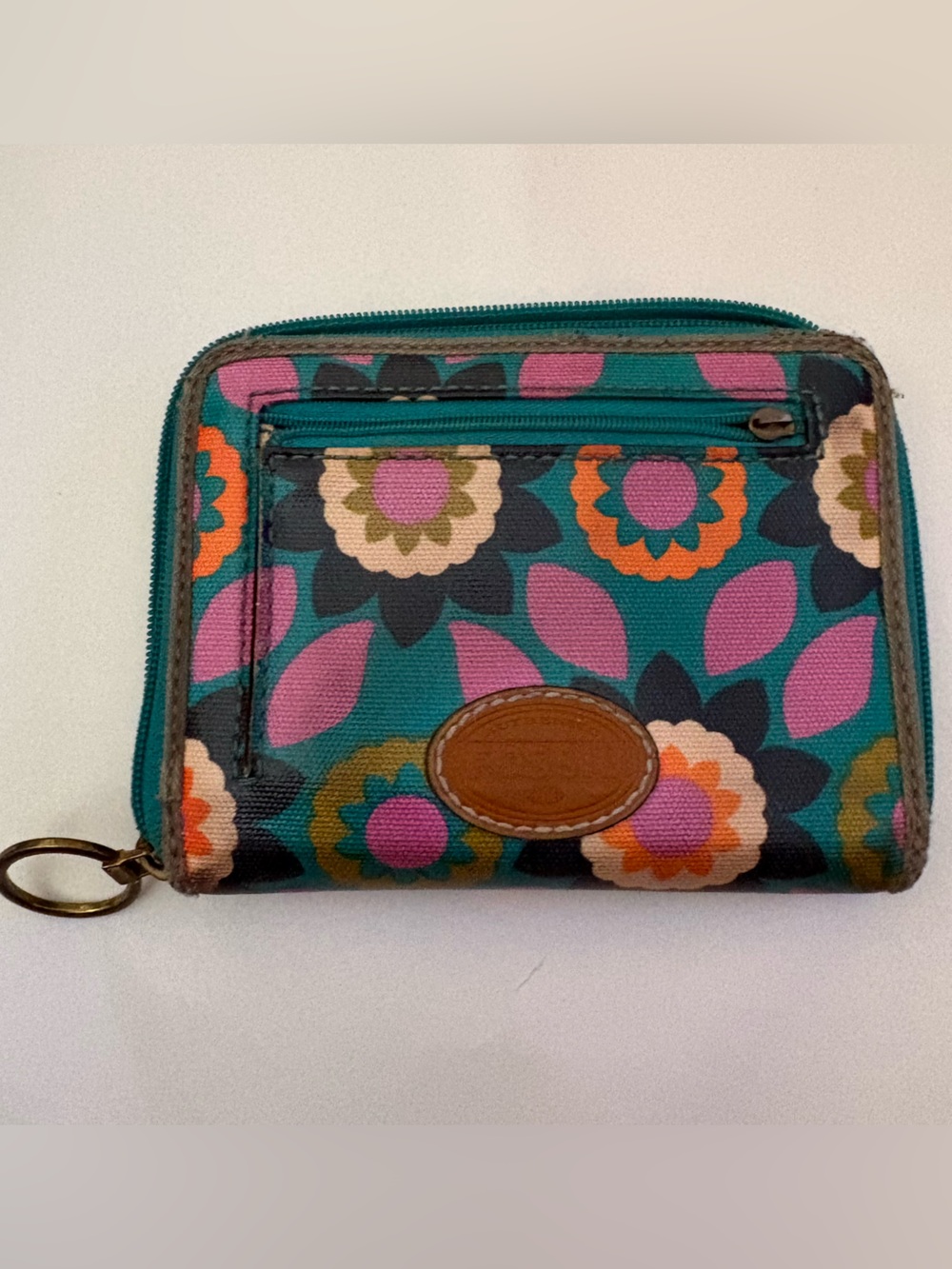 Fossil Teal Floral Zip Wallet with Pink & Orange Accents